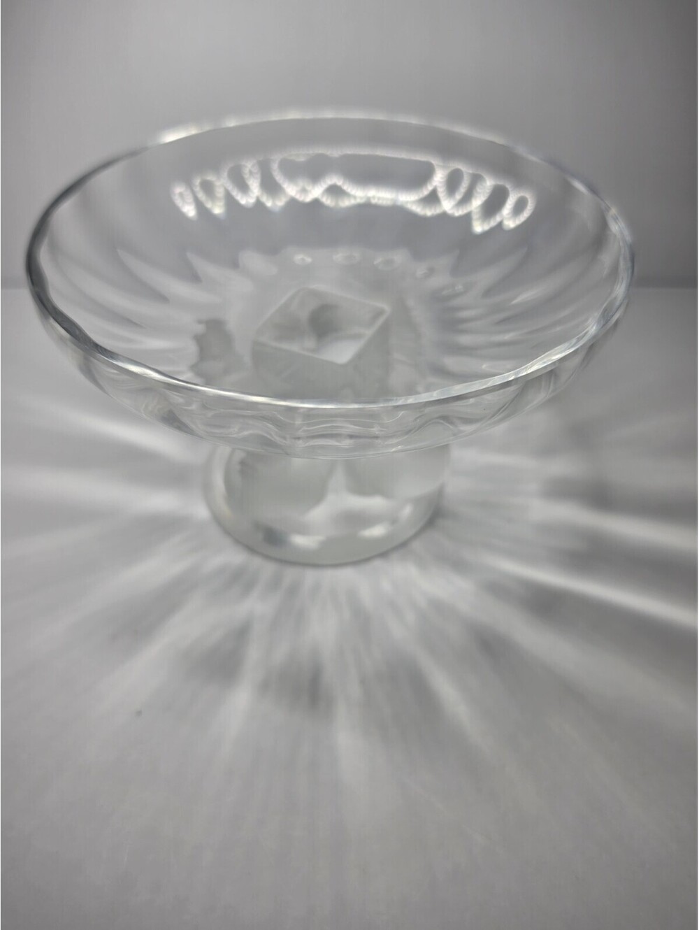 Lalique France Crystal Footed Bowl Sparrows Birds chip parts on the last photo